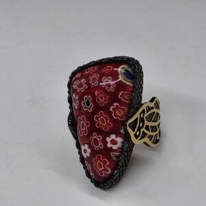 Murano Millefiori Art Glass Stainless Steel Statement Ring Size 8